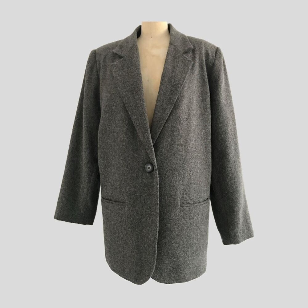 Vintage 1990s Gray Wool Minimalist Blazer Suit Jacket 90s Tailored Womens 12